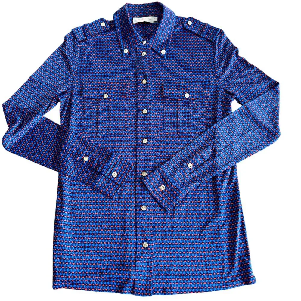 Tory Burch Silk Blend Utility Shirt Cobalt Blue Geometric Epaulets Gold Logo S